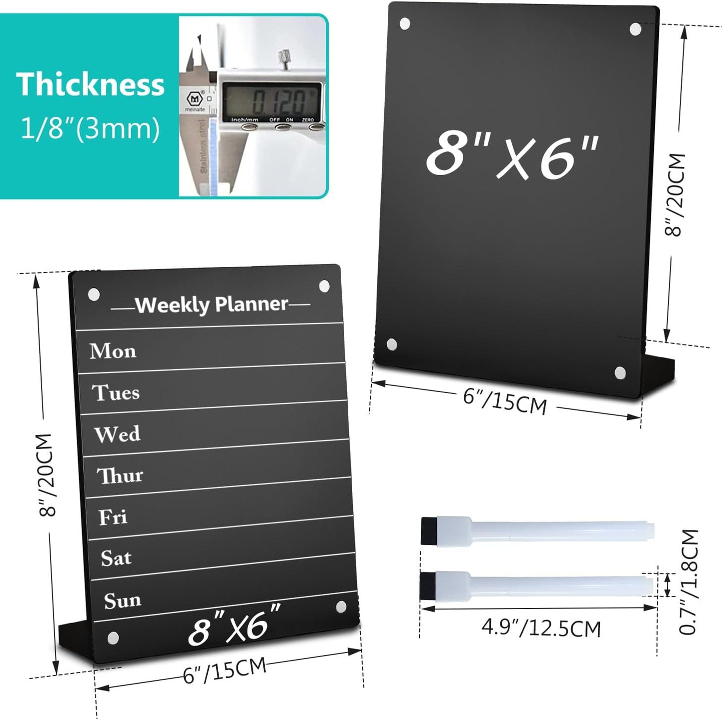 Desktop Black Dry Erase Board with Stand, Magnetic Acrylic Calendar Black Whiteboard Desk Easel, Mini Weekly Menu Daily Planner Chalk Board Blackboard to Do List Board, 2Pack-8x6"