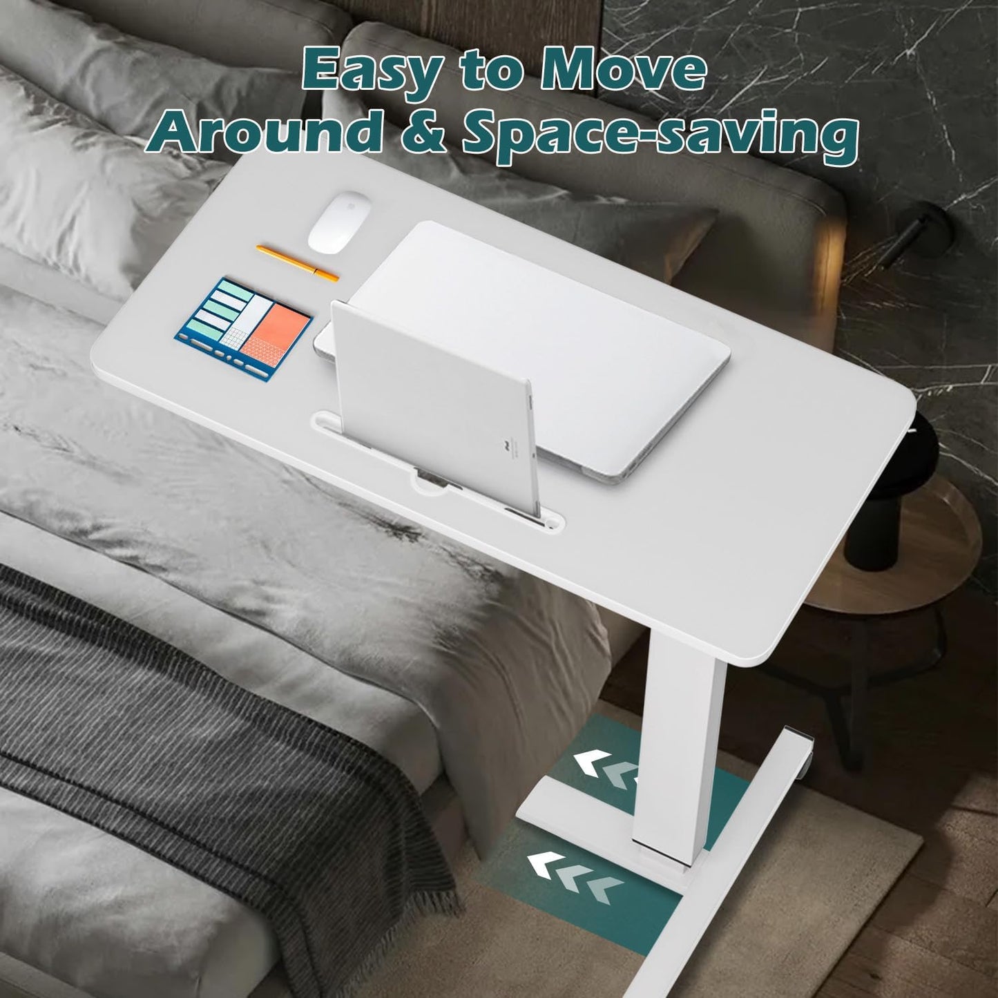 Rolling Overbed Bedside Table with Wheels, Pneumatic Height Adjustable Mobile Standing Laptop Desk, Portable Computer Desk, Heavy Duty Sit Stand Desk for Home Office Hospital, White