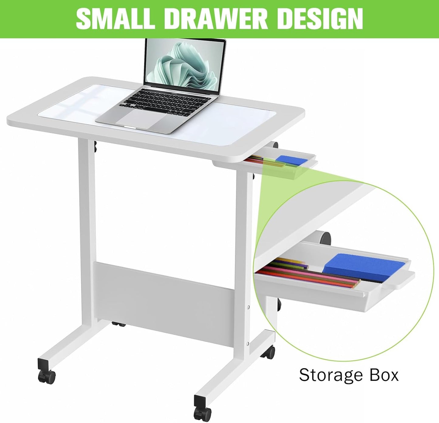 Mobile Standing Desk with Writing Glass, Small Foldable Adjustable Height Desk, Portable Sit Stand Desk Tilting Rolling Laptop Desk Computer Table with Wheels and Drawer, White