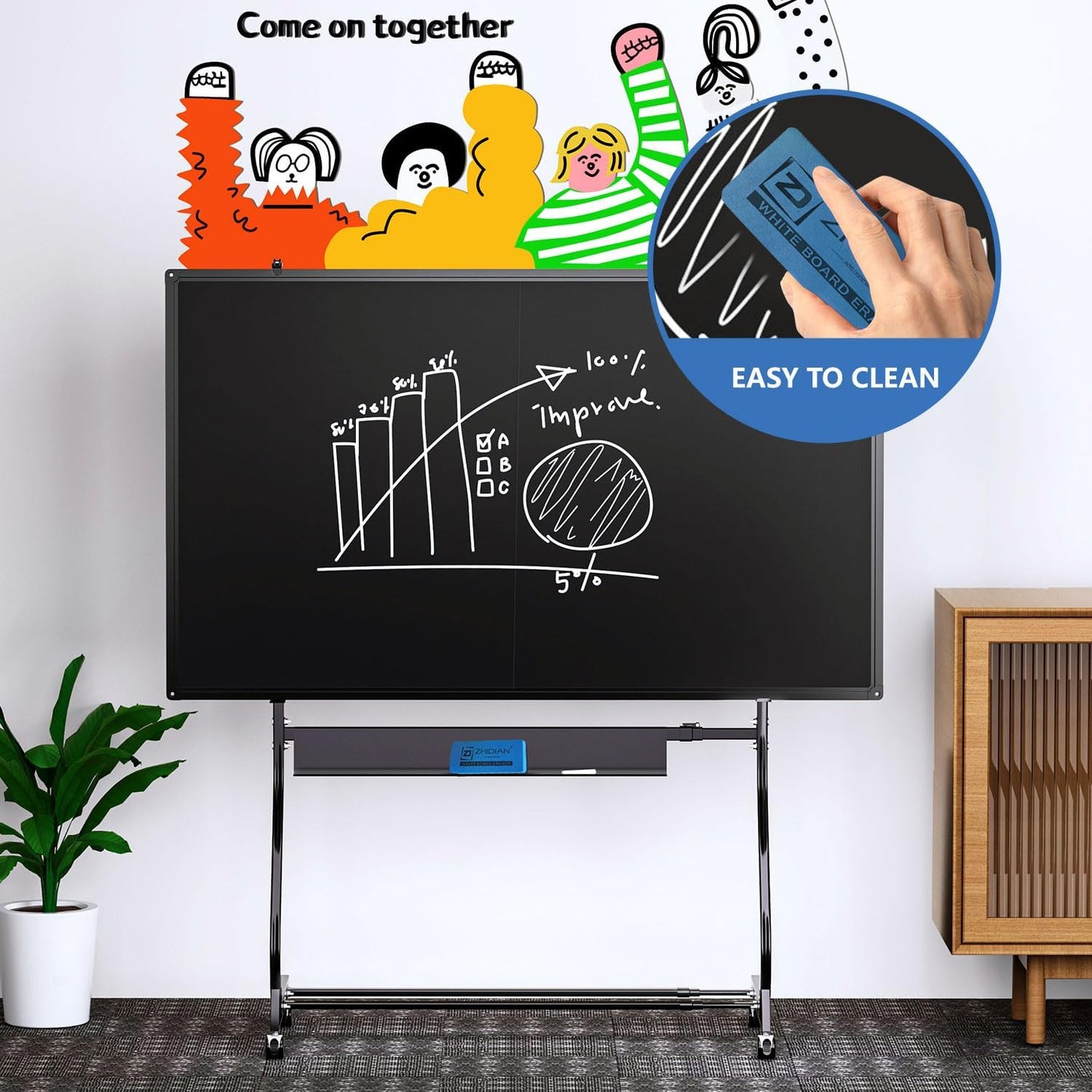 Rolling Chalkboard Black Dry Erase Board 48x36 with Height & Width Adjustable Stand, Large Portable Magnetic Double-Sided Whiteboard on Wheels, Mobile Standing Easel Blackboard for Office