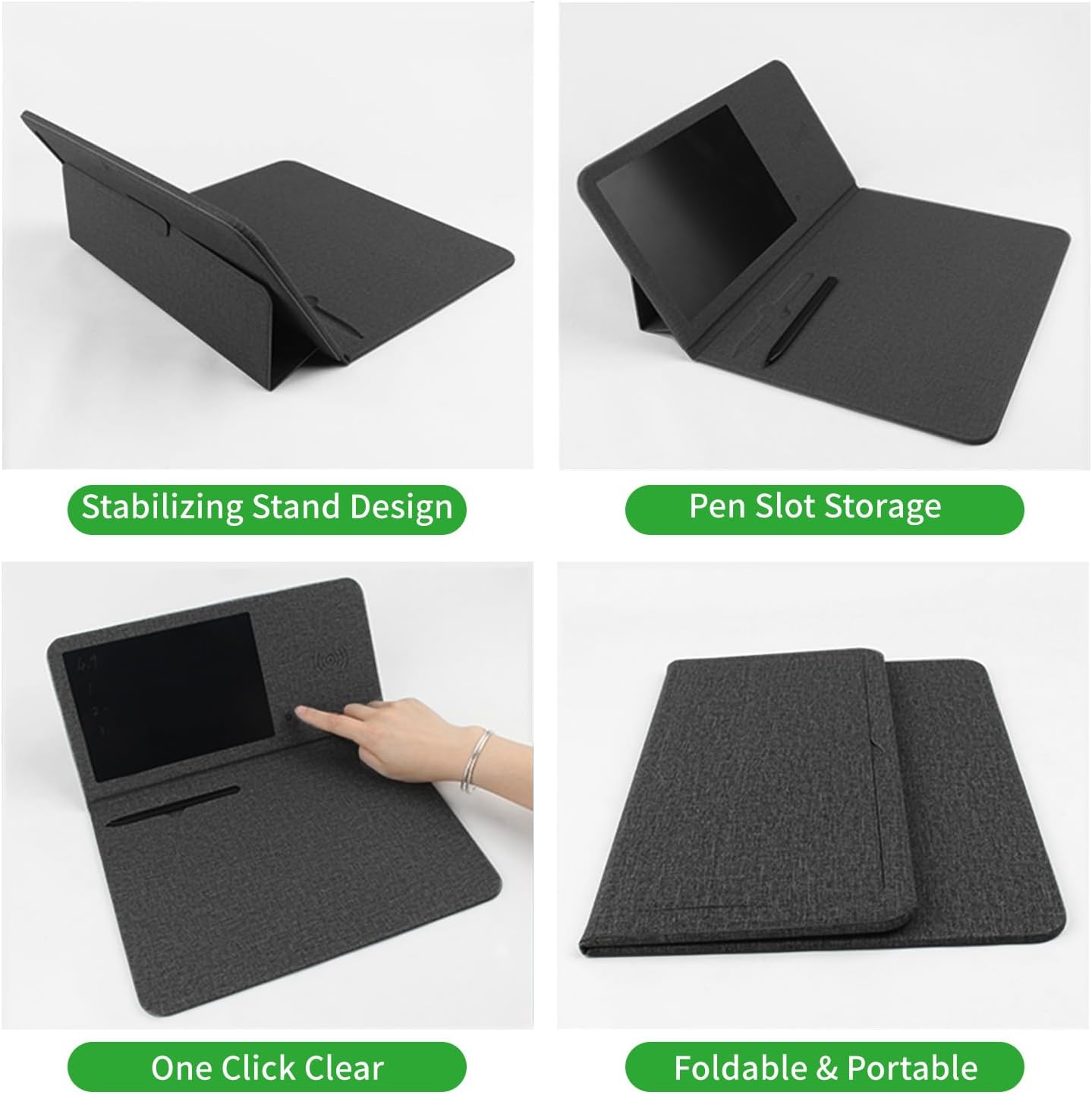 Qi Wireless Charging Mouse Pad with 8" LCD Writing Tablet,15W Fast Charging Mouse Mat, 3-in-1 Foldable & Vertical Multifunctional Office Desk Pad,Hard Micro-Textured Fabric PU Surface(Black)