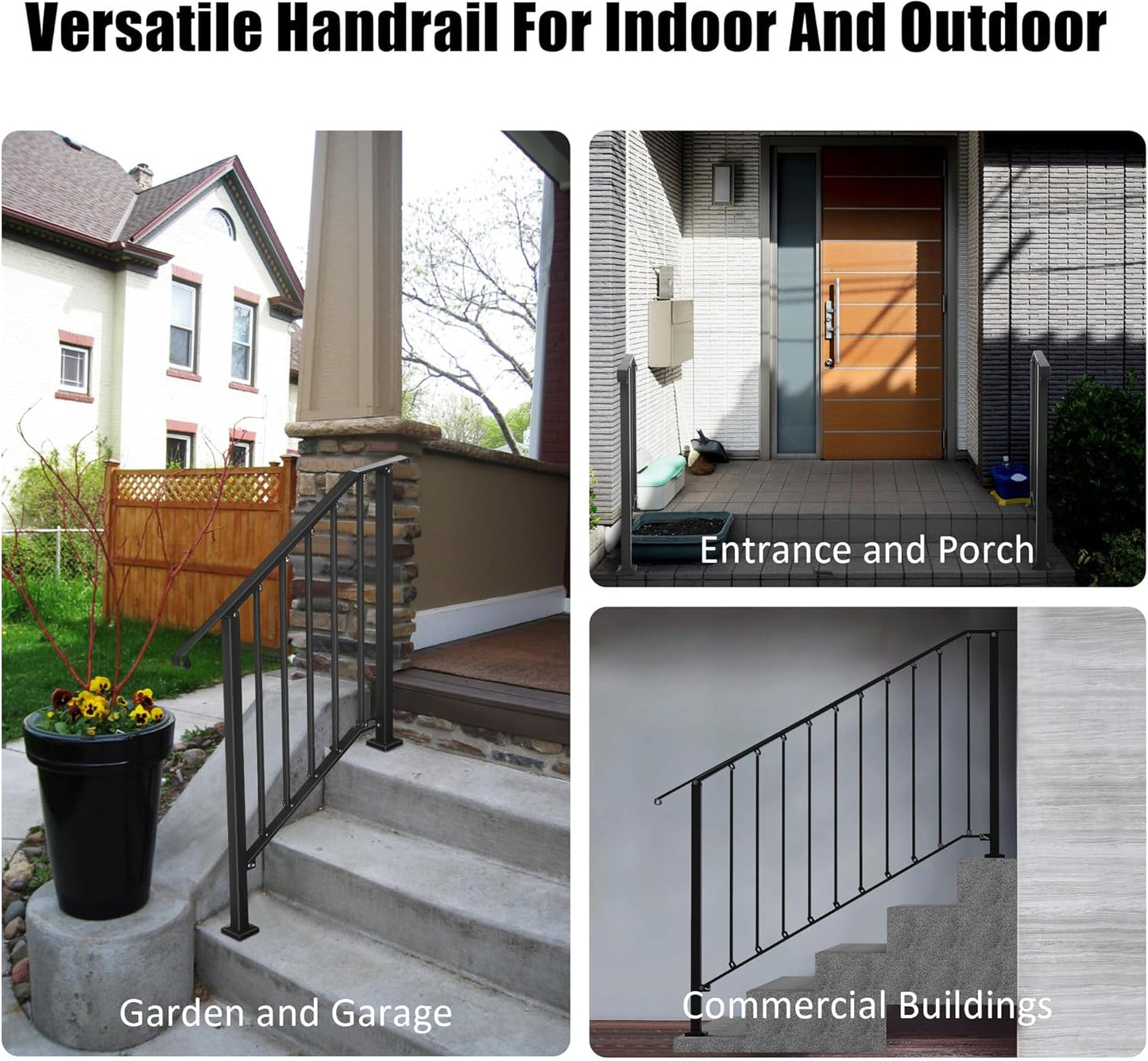 Outdoor Stair Handrails, 2 Steps Black Wrought Iron Railing Kits for Concrete or Wooden Porch Steps