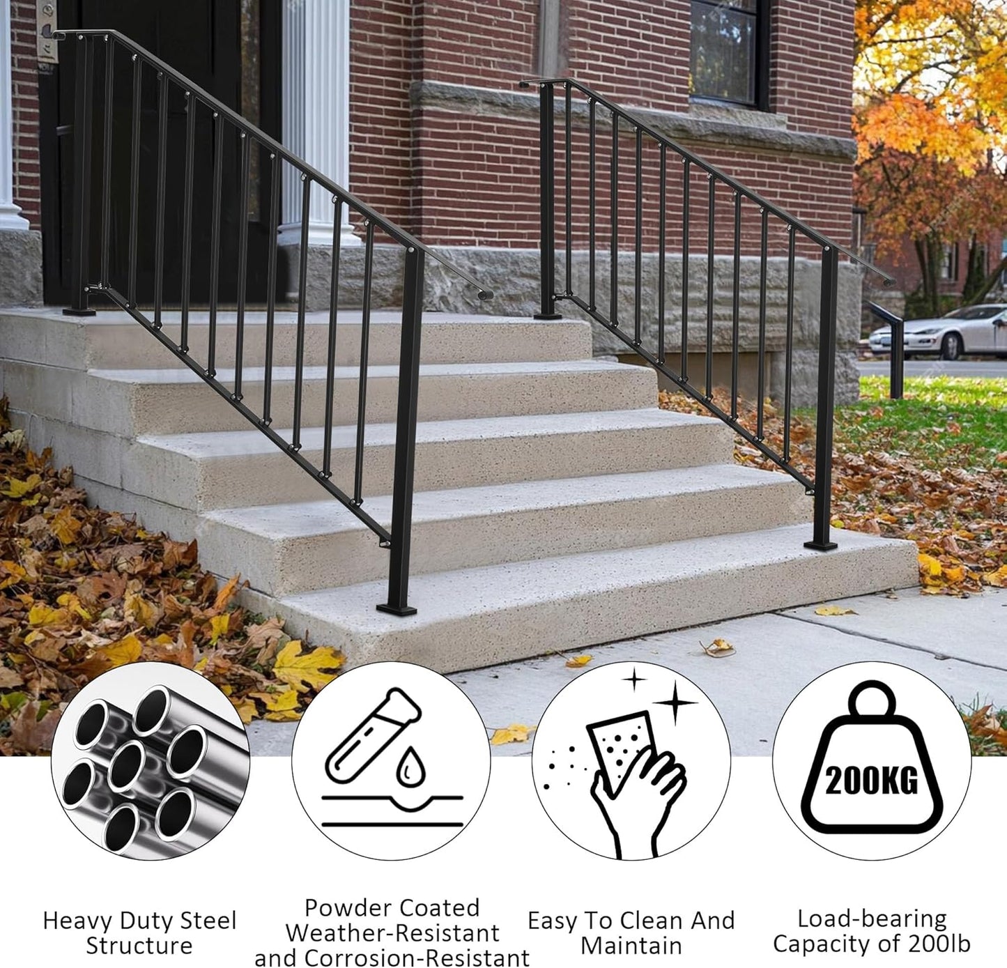 Outdoor Stair Handrails, 2 Steps Black Wrought Iron Railing Kits for Concrete or Wooden Porch Steps