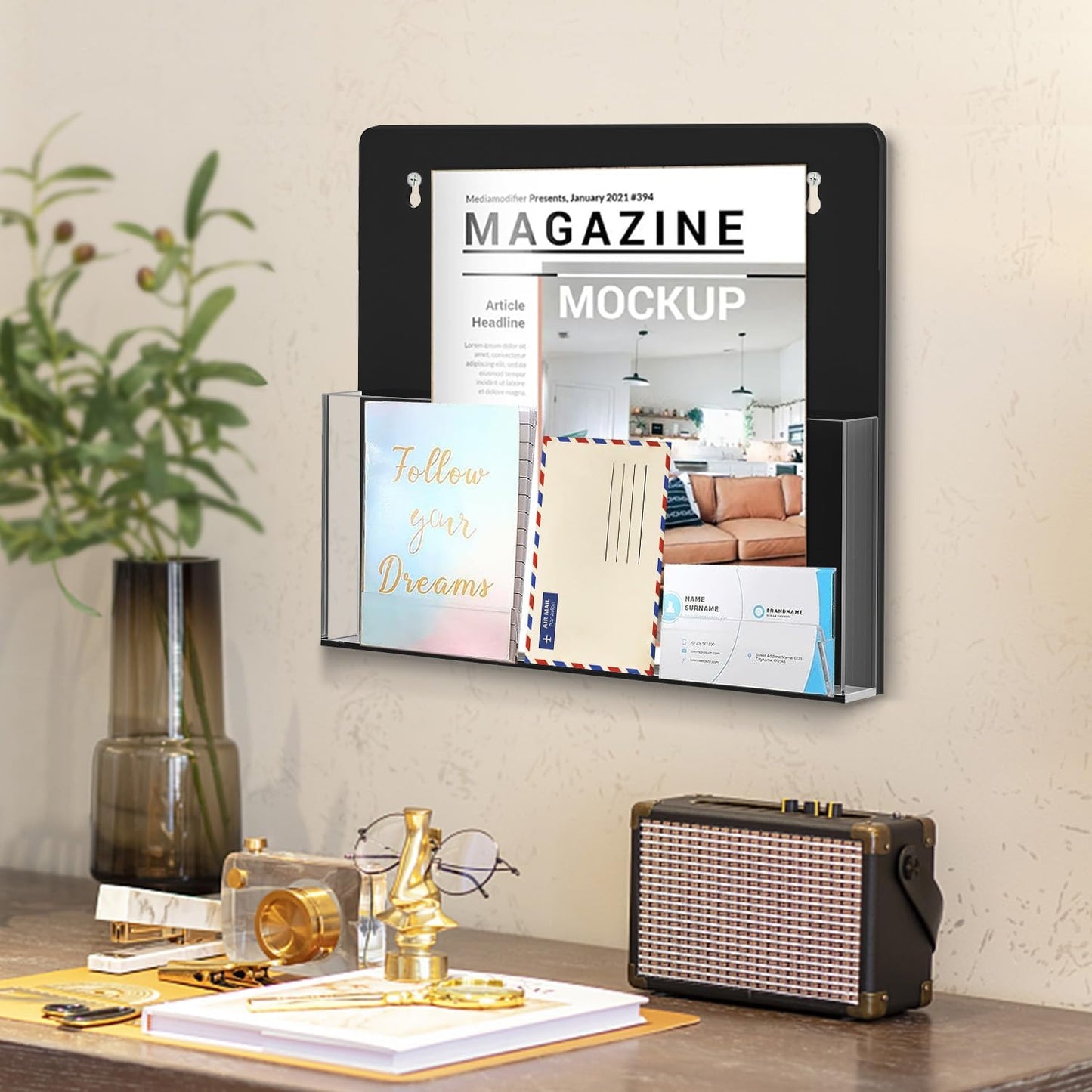 Magnetic File Holder - 2Pack Large Black Acrylic Wall File Folder Organizer, Hanging File Folder for Wall, Magnetic Magazine Holder for Office File Cabinet, Fridge, Whiteboard