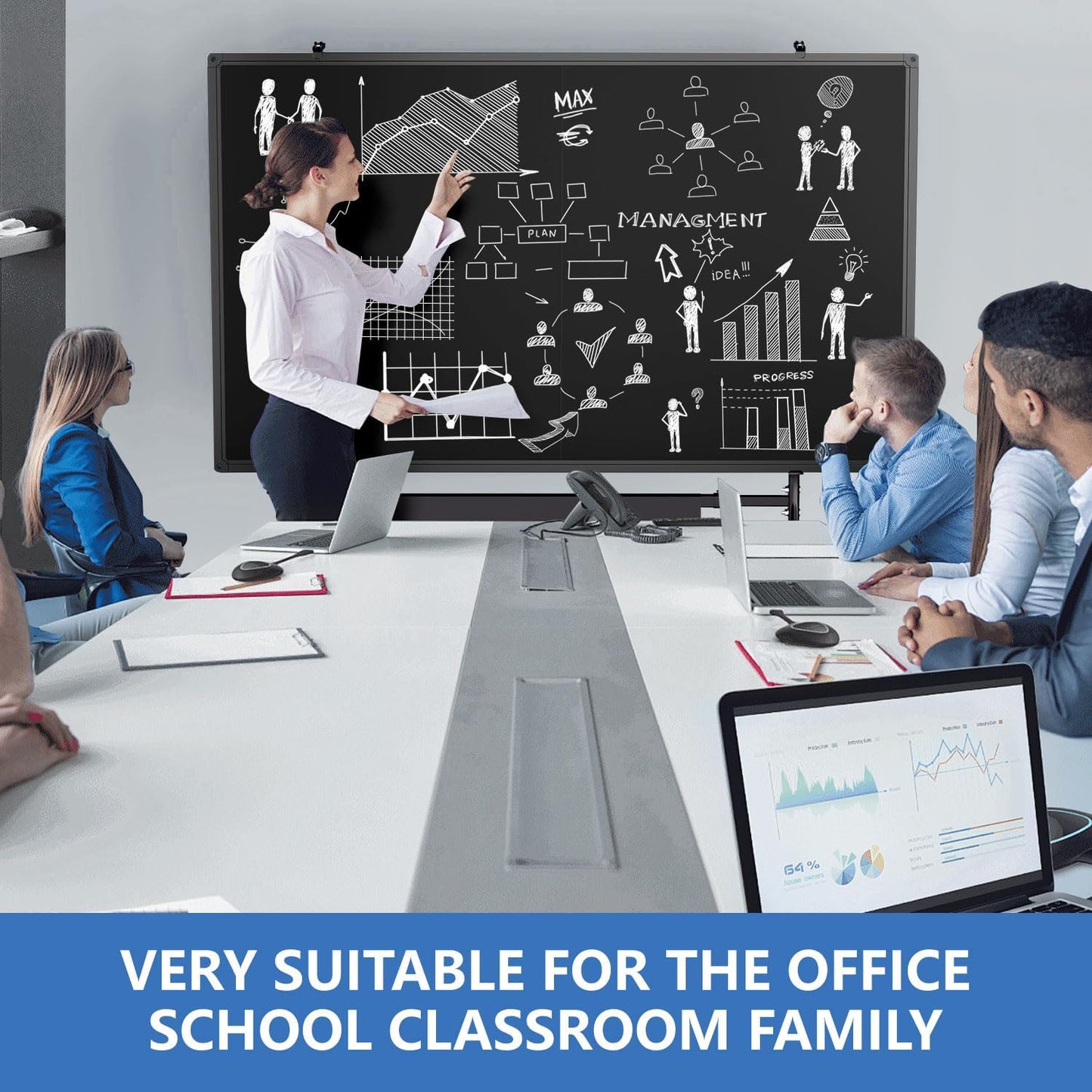Rolling Chalkboard Black Dry Erase Board 48x36 with Height & Width Adjustable Stand, Large Portable Magnetic Double-Sided Whiteboard on Wheels, Mobile Standing Easel Blackboard for Office