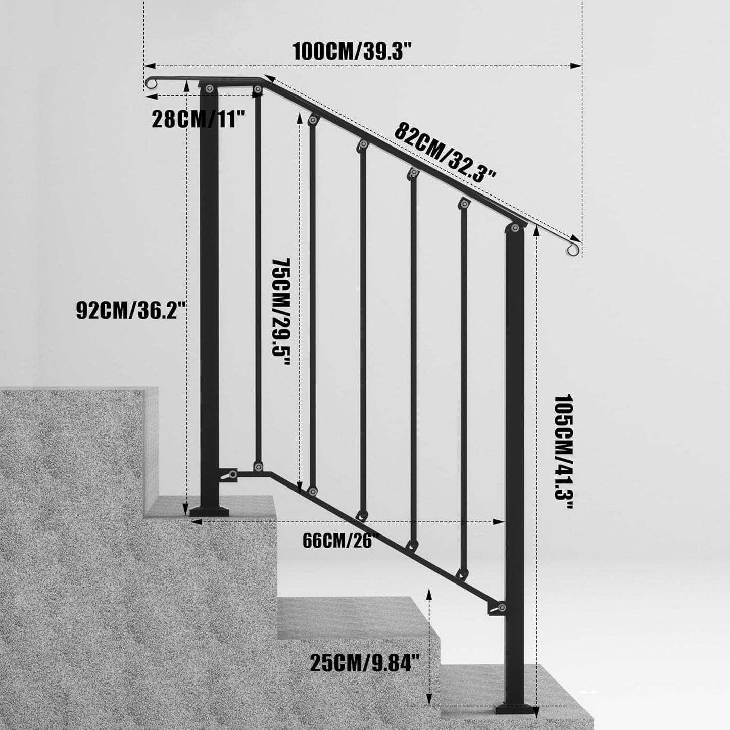 Outdoor Stair Handrails, 2 Steps Black Wrought Iron Railing Kits for Concrete or Wooden Porch Steps