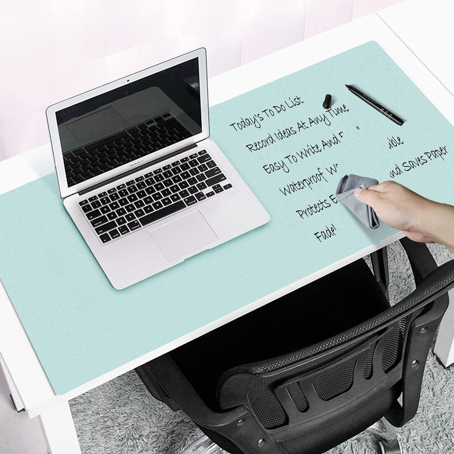Dry Erase Desk Mat for Making Plans,27.5"x13.8" Writable & Erasable Desk Mouse Pad with 2 Markers & 2 Cloths,Waterproof Writing Desk Pad for Office Home School (Black)