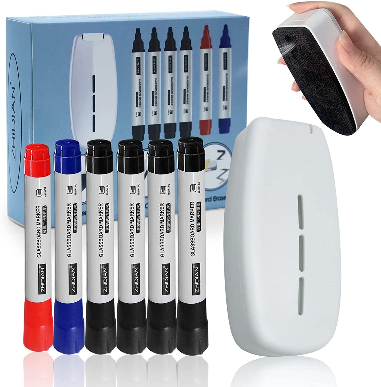 Magnetic Dry Erase Erasers All-in-One Whiteboard Spray Eraser for White Board,Glass Board with Free 6 Liquid Chalk Markers