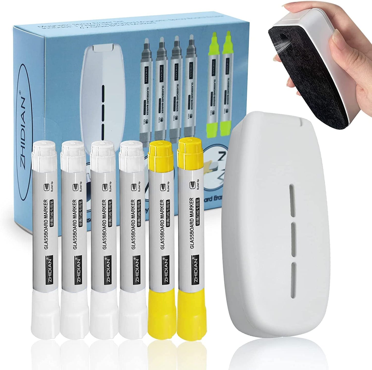 Magnetic Dry Erase Erasers All-in-One Whiteboard Spray Eraser for White Board,Glass Board with Free 6 Liquid Chalk Markers