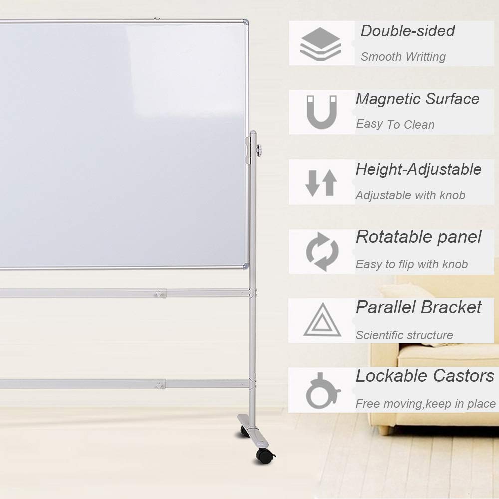 Double-sided Magnetic Mobile Whiteboard with Stand, Height-adjustable & Lockable Wheels, 48" x 36"