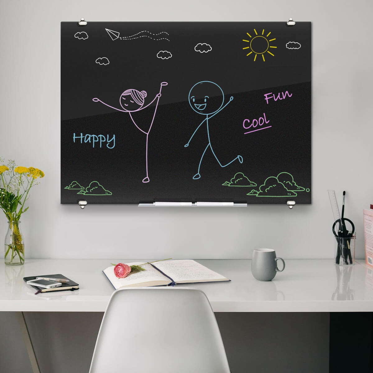 ZHIDIAN Black Glass Dry Erase Board, Magnetic Glass Whiteboard with Black Surface for Office School Home, 4 Markers, 1 Eraser, 4 Magnets