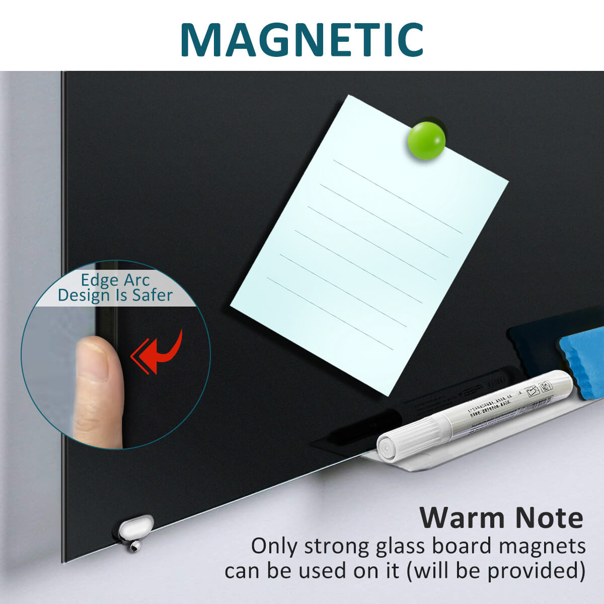 ZHIDIAN Black Glass Dry Erase Board, Magnetic Glass Whiteboard with Black Surface for Office School Home, 4 Markers, 1 Eraser, 4 Magnets