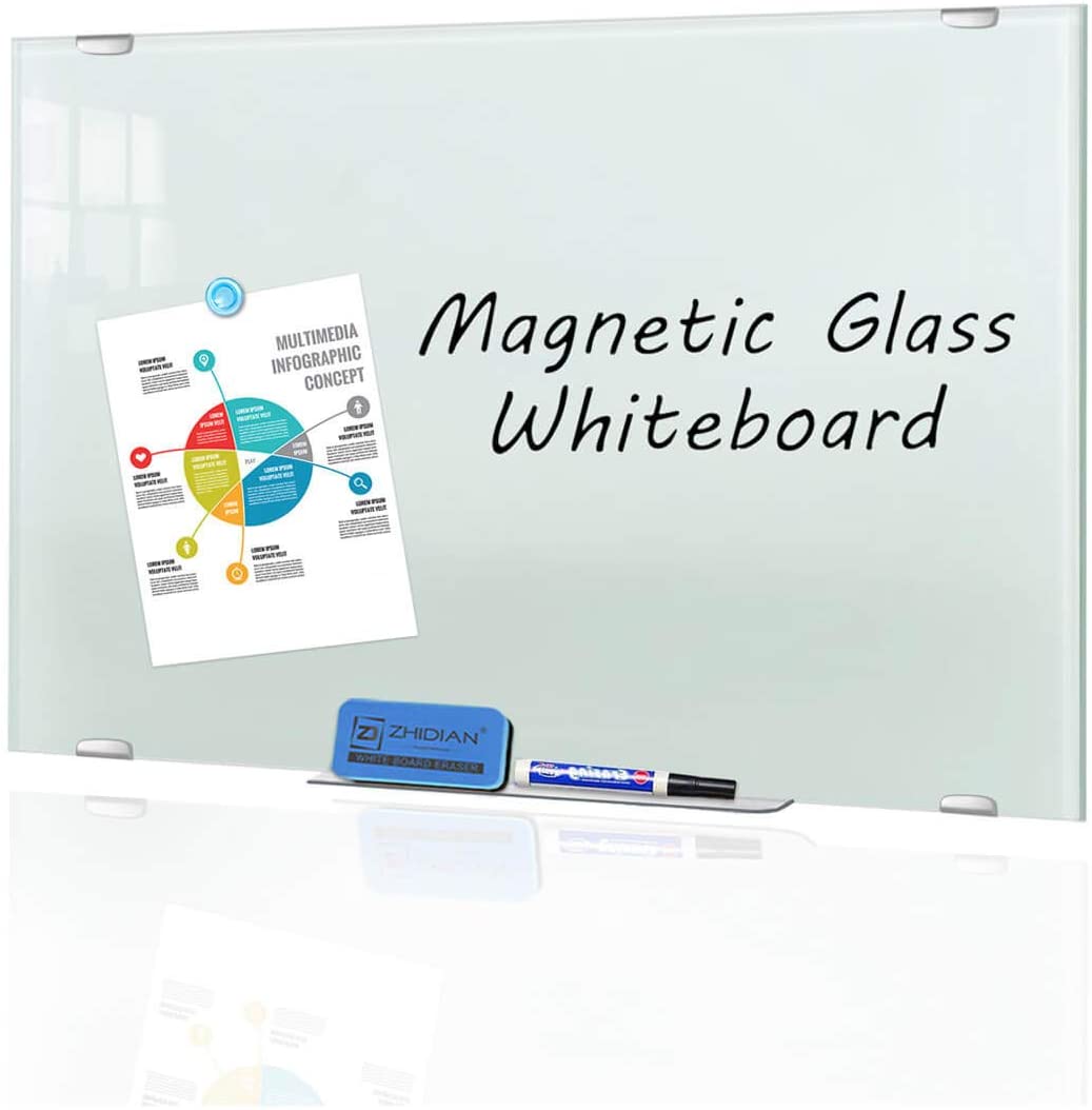 ZHIDIAN Glass Dry Erase Board, Magnetic Tempered Whiteboard for Wall, 4 Markers, 1 Eraser, 4 Magnets