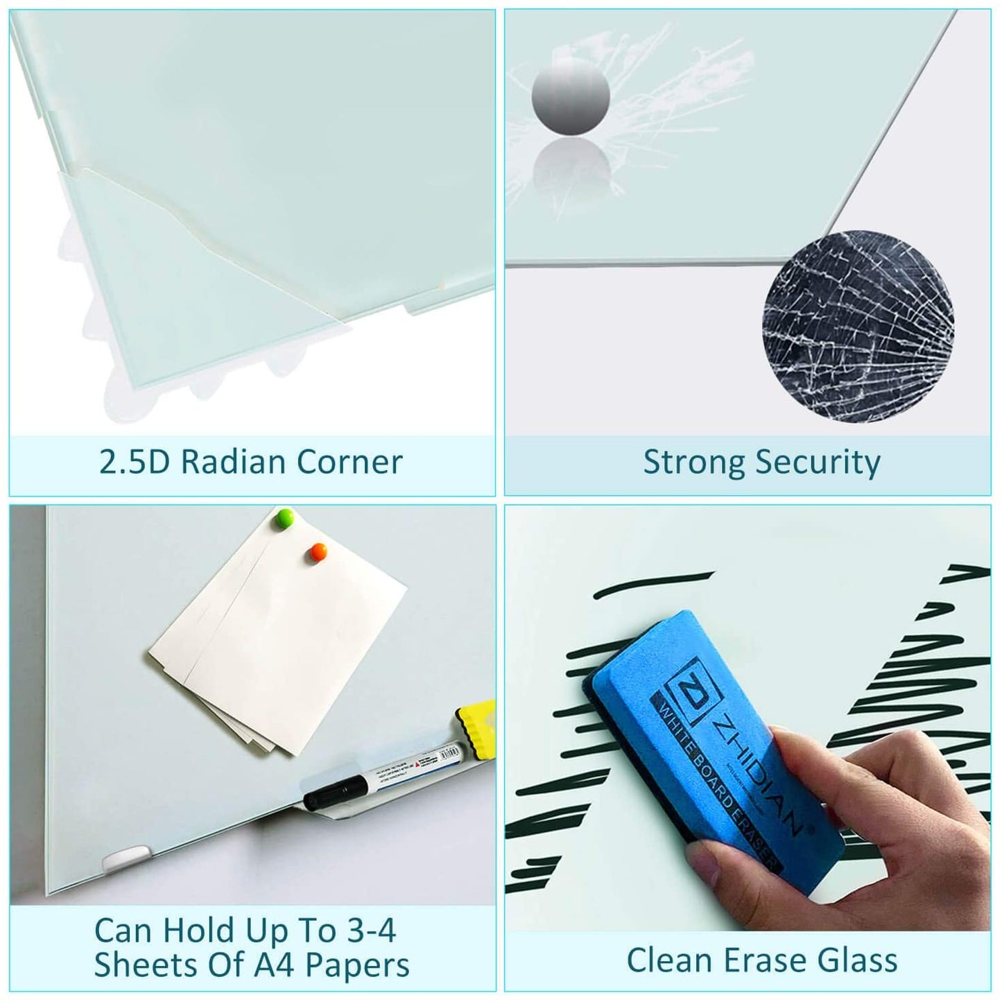 ZHIDIAN Glass Dry Erase Board, Magnetic Tempered Whiteboard for Wall, 4 Markers, 1 Eraser, 4 Magnets