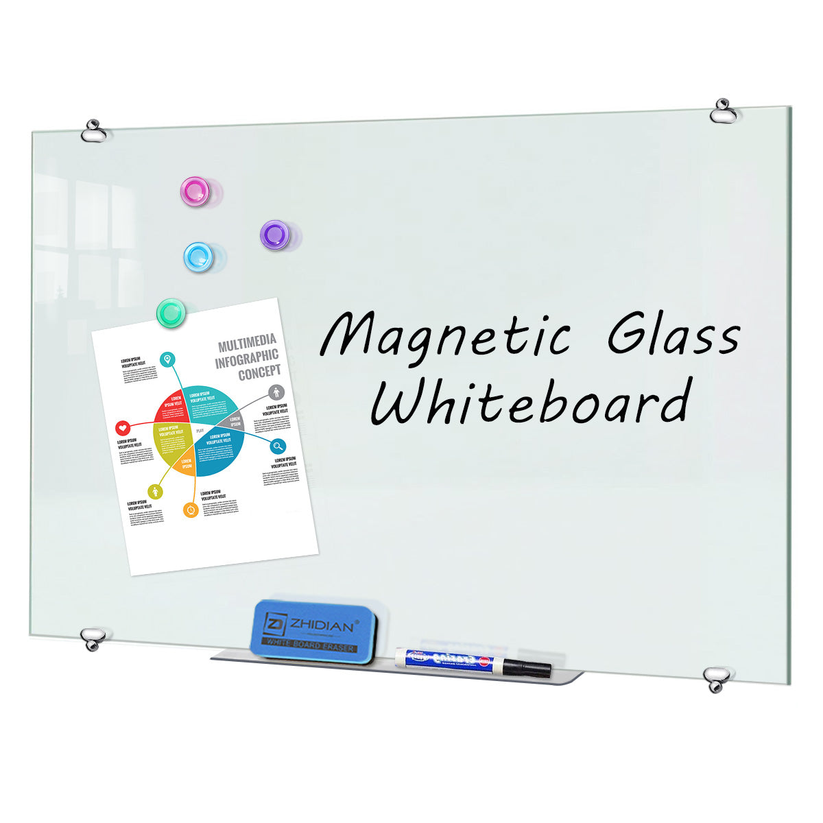 ZHIDIAN Glass Dry Erase Board, Magnetic Tempered Whiteboard for Wall, 4 Markers, 1 Eraser, 4 Magnets