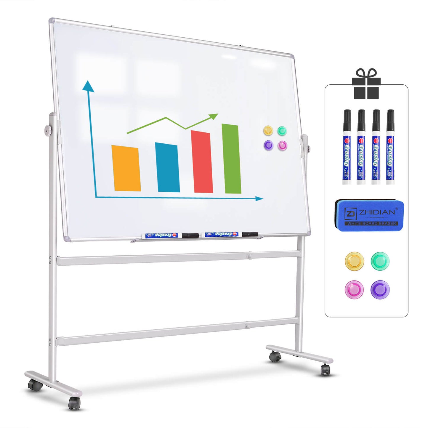 Double-sided Magnetic Mobile Whiteboard with Stand, Height-adjustable & Lockable Wheels, 48" x 36"