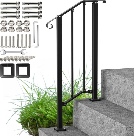 Outdoor Stair Handrails, 2 Steps Black Wrought Iron Railing Kits for Concrete or Wooden Porch Steps