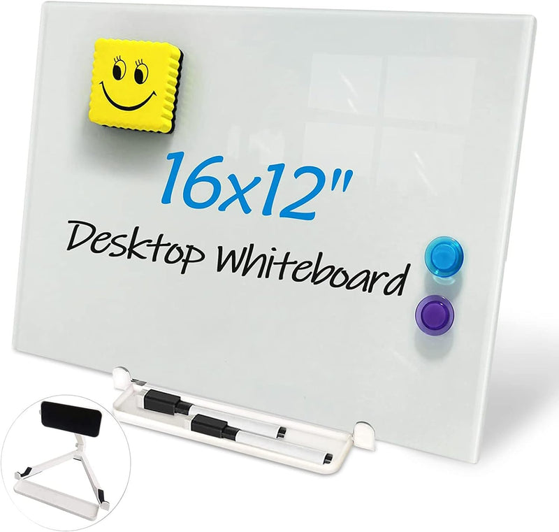 Black Magnetic Glass Board Desktop Easel, 16x12" Black Dry Erase Board for Desk, Tabletop Glass Whiteboard on Adjustable Stand, ZHIDIAN Portable Tempered Glass Board for Office Home
