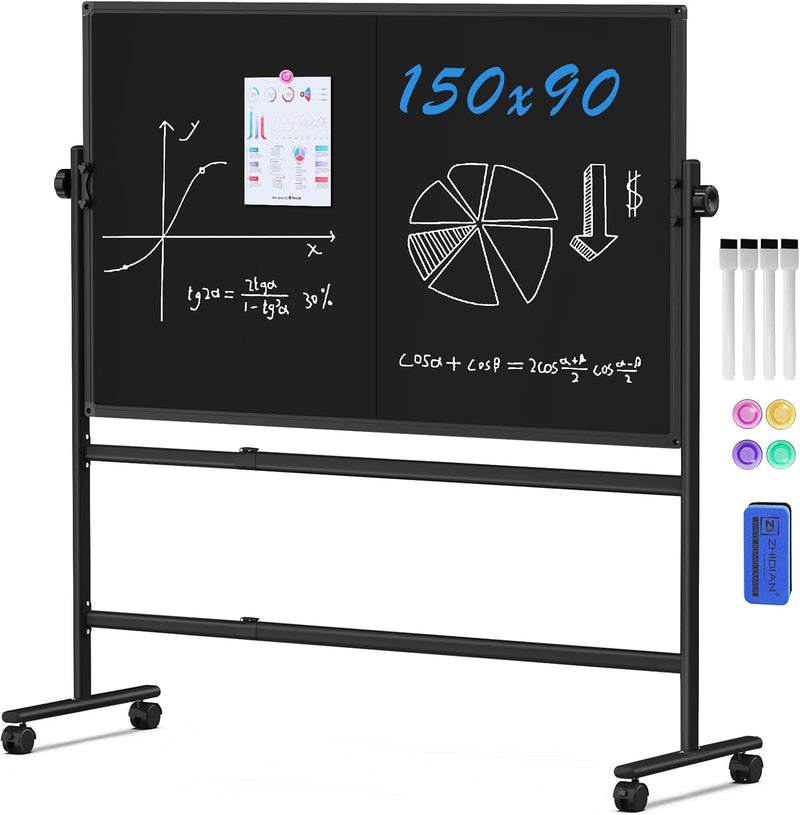 Rolling Chalkboard Double-Sided 60 x 36, Large Magnetic Blakc Dry Erase Board with Stand, Movable Blackboard for Office, School, Home