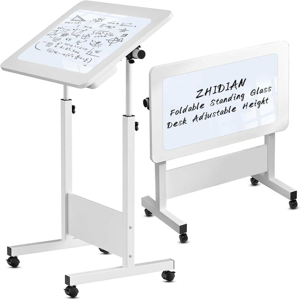 Mobile Writing Table Mobile Standing Desk with Writing Glass, White Foldable Table with Adj ...