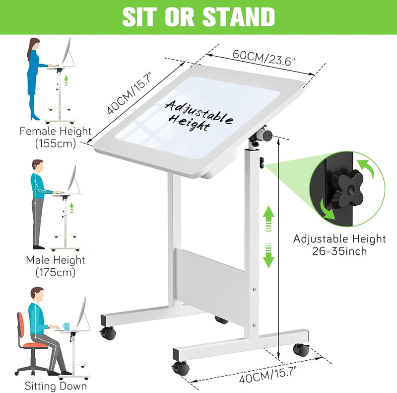 Mobile Standing Desk with Writing Glass, Small Foldable Adjustable Height Desk, Portable Sit Stand Desk Tilting Rolling Laptop Desk Computer Table with Wheels and Drawer, White