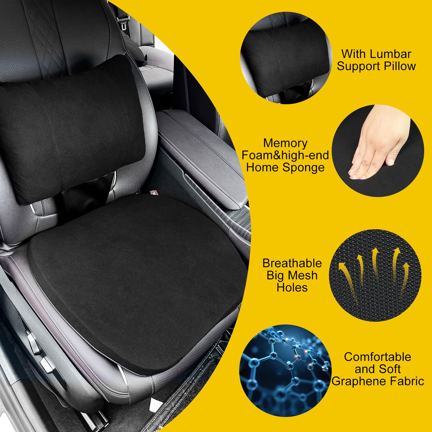Graphene Car Seat Cushion Lumbar Support Pillow, Comfort Memory Foam Car Cushions for Driving, Sciatica & Lower Back Pain Relief for Auto, Office Chair, Wheelchair