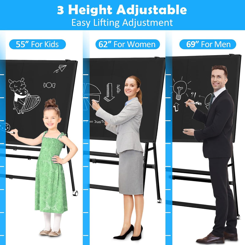 MUKUANG Double-Sided Magnetic Mobile Whiteboard 60"x36", Rolling A-Frame Foldable Stand White Board, Adjustable Height/Width Easel Standing Board on Wheels for Office Classroom Home(Black)