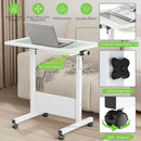 Mobile Standing Desk with Writing Glass, Small Foldable Adjustable Height Desk, Portable Sit Stand Desk Tilting Rolling Laptop Desk Computer Table with Wheels and Drawer, White