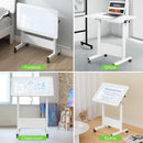 Mobile Standing Desk with Writing Glass, Small Foldable Adjustable Height Desk, Portable Sit Stand Desk Tilting Rolling Laptop Desk Computer Table with Wheels and Drawer, White