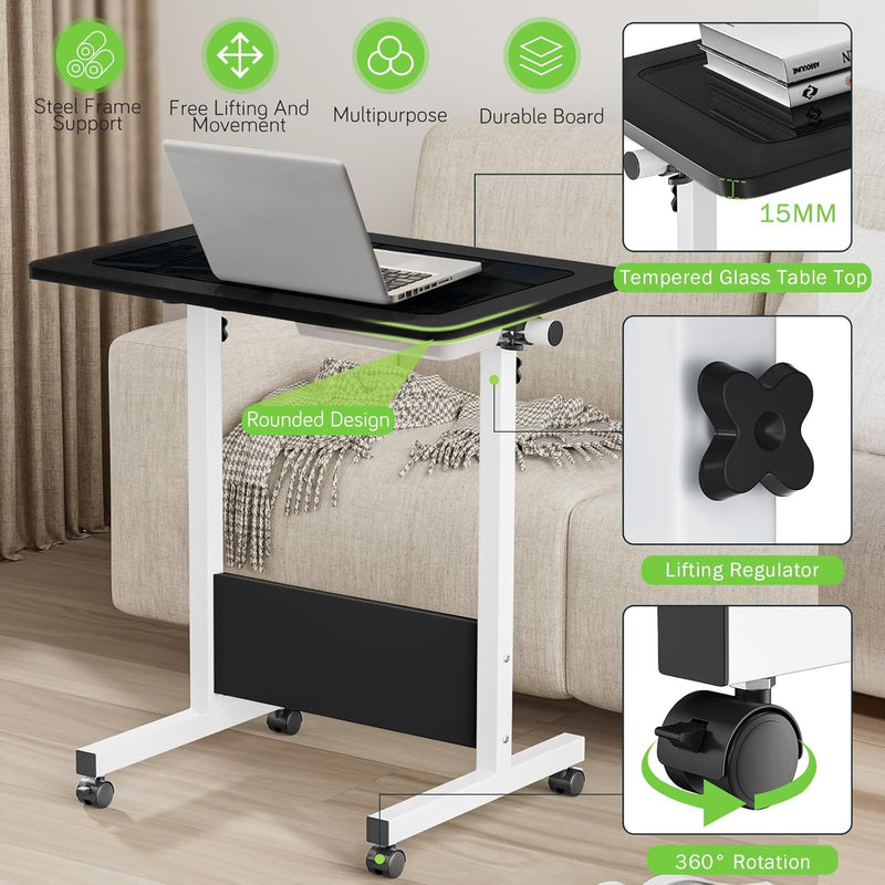 Mobile Standing Desk with Writing Glass, Small Foldable Adjustable Height Desk, Portable Sit Stand Desk Tilting Rolling Laptop Desk Computer Table with Wheels and Drawer, Black