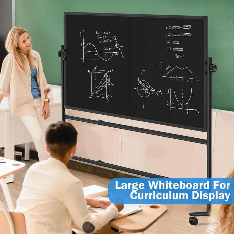 Rolling Chalkboard Double-Sided 60 x 36, Large Magnetic Blakc Dry Erase Board with Stand, Movable Blackboard for Office, School, Home