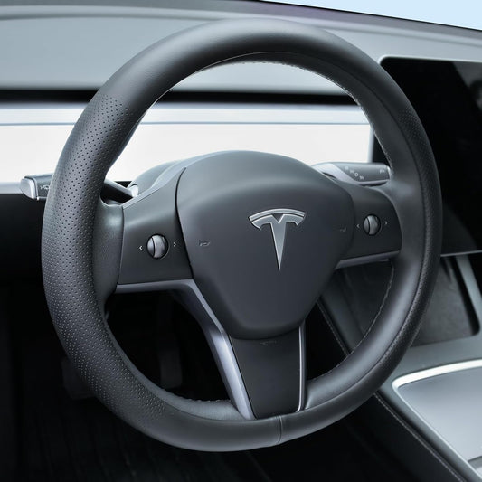 Universal Leather Steering Wheel Cover for Tesla Model 3/Y/X/S (Including 2024 Refreshed Models) - Hand-Sewn