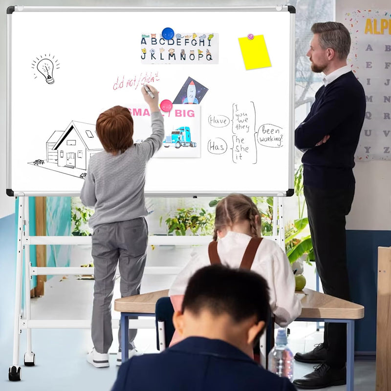 Double-Sided Magnetic Dry Erase Whiteboard Height & Width Adjustable, A-Frame Foldable Stand White Board on Wheels, 48 x 36 Mobile Dry Erase Board