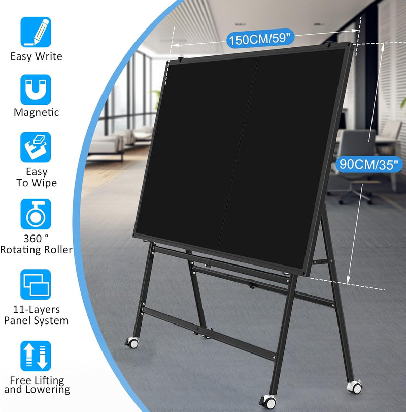 MUKUANG Double-Sided Magnetic Mobile Whiteboard 60"x36", Rolling A-Frame Foldable Stand White Board, Adjustable Height/Width Easel Standing Board on Wheels for Office Classroom Home(Black)