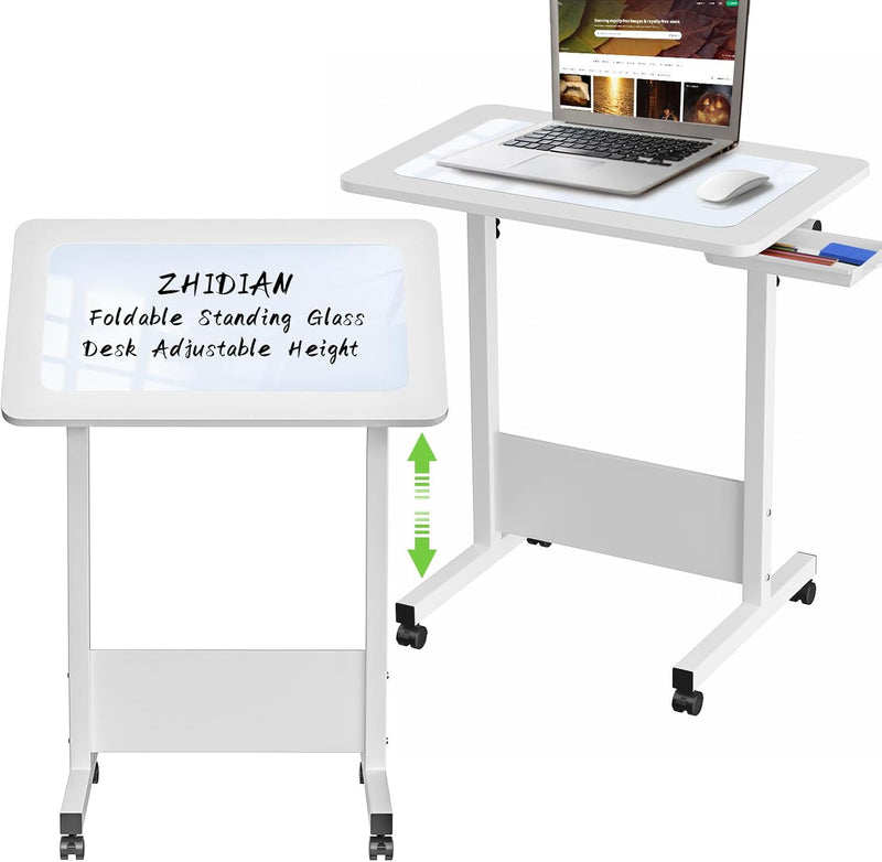 Mobile Standing Desk with Writing Glass, Small Foldable Adjustable Height Desk, Portable Sit Stand Desk Tilting Rolling Laptop Desk Computer Table with Wheels and Drawer, White