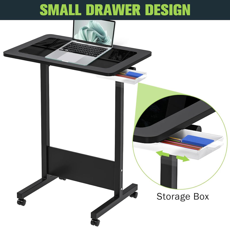 Mobile Standing Desk with Writing Glass, Small Foldable Adjustable Height Desk, Portable Sit Stand Desk Tilting Rolling Laptop Desk Computer Table with Wheels and Drawer, Black