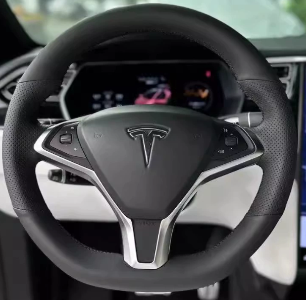 Universal Leather Steering Wheel Cover for Tesla Model 3/Y/X/S (Including 2024 Refreshed Models) - Hand-Sewn