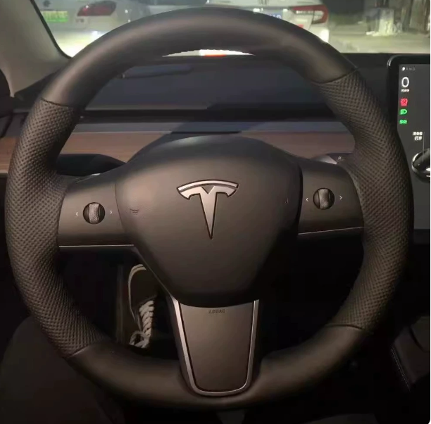 Universal Leather Steering Wheel Cover for Tesla Model 3/Y/X/S (Including 2024 Refreshed Models) - Hand-Sewn