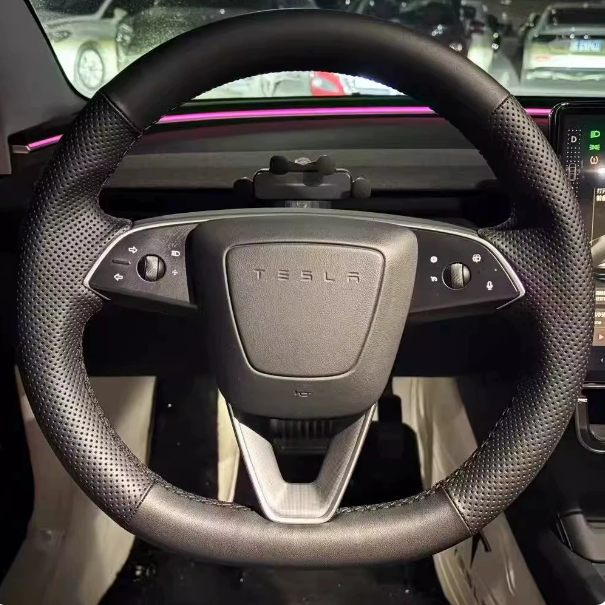 Universal Leather Steering Wheel Cover for Tesla Model 3/Y/X/S (Including 2024 Refreshed Models) - Hand-Sewn