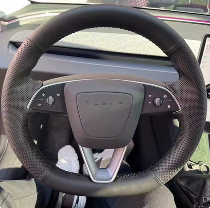 Universal Leather Steering Wheel Cover for Tesla Model 3/Y/X/S (Including 2024 Refreshed Models) - Hand-Sewn
